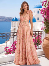 Robestyle robe longue fleurie dos nu lacé avec volants et découpes taille style bohème chic pour été et mariage