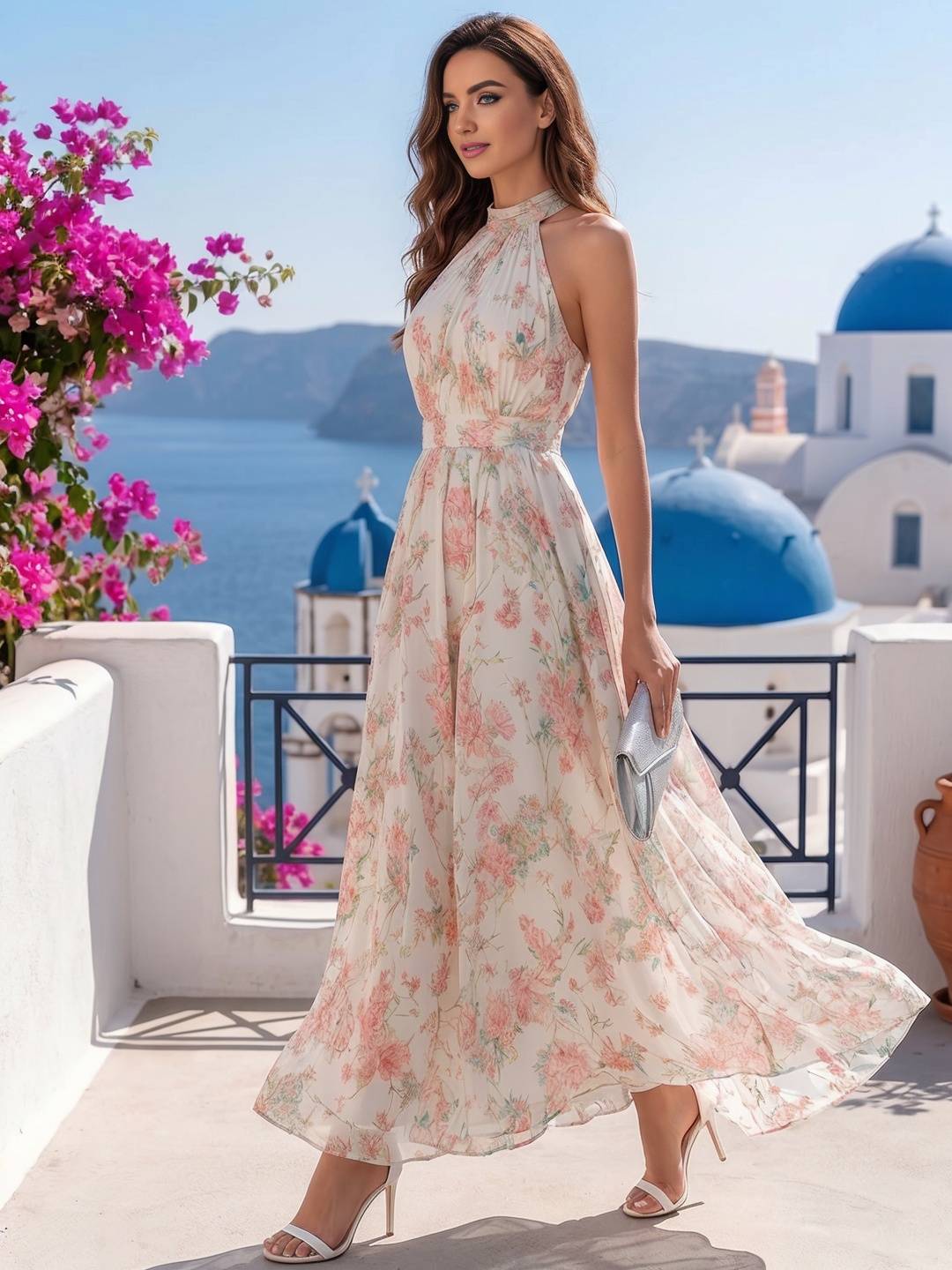 Robestyle robe longue fleurie à col licou femme élégante de style bohème imprimé floral été
