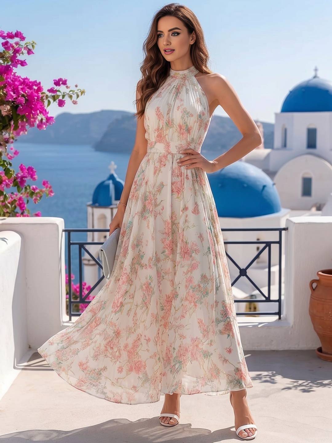 Robestyle robe longue fleurie à col licou femme élégante de style bohème imprimé floral été