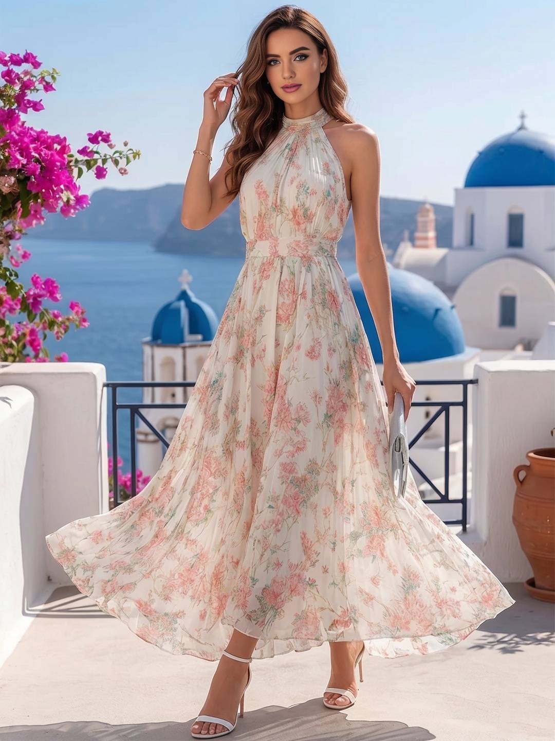 Robestyle robe longue fleurie à col licou femme élégante de style bohème imprimé floral été