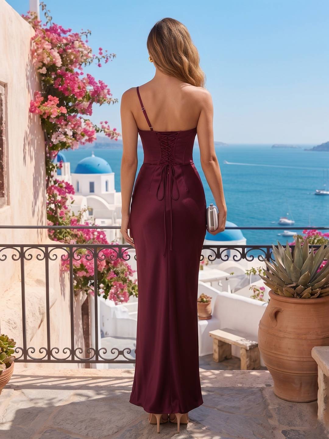 Robestyle robe de soirée longue en satin moulante une épaule sans manches élégant invité mariage