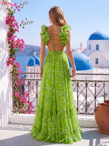Robestyle robe longue fleurie dos nu lacé avec volants et découpes taille style bohème chic pour été et mariage