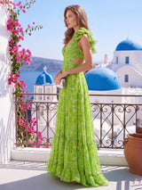 Robestyle robe longue fleurie dos nu lacé avec volants et découpes taille style bohème chic pour été et mariage