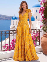 Robestyle robe longue fleurie dos nu lacé avec volants et découpes taille style bohème chic pour été et mariage